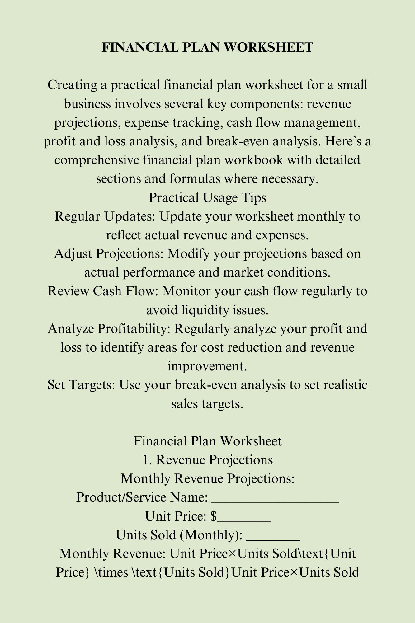 FINANCIAL PLAN WORKSHEET