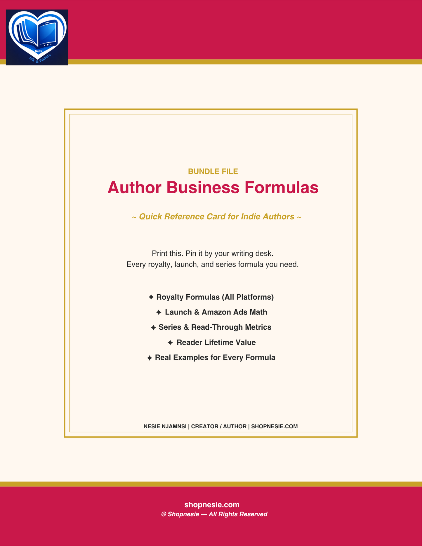 Author Business Formulas Quick Reference Card: Royalty, Amazon Ads, Series Math & Reader Lifetime Value for KDP & Indie Authors