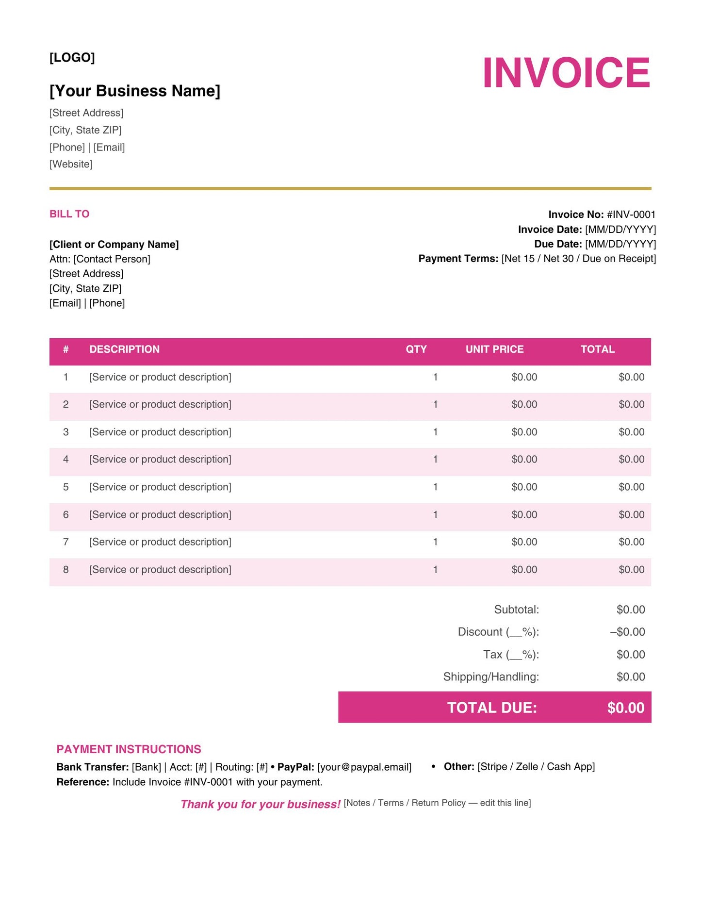 Small Business Invoice Template Bundle | Editable Quote, Receipt, Price List, Catalog & Letterhead – Instant Digital Download