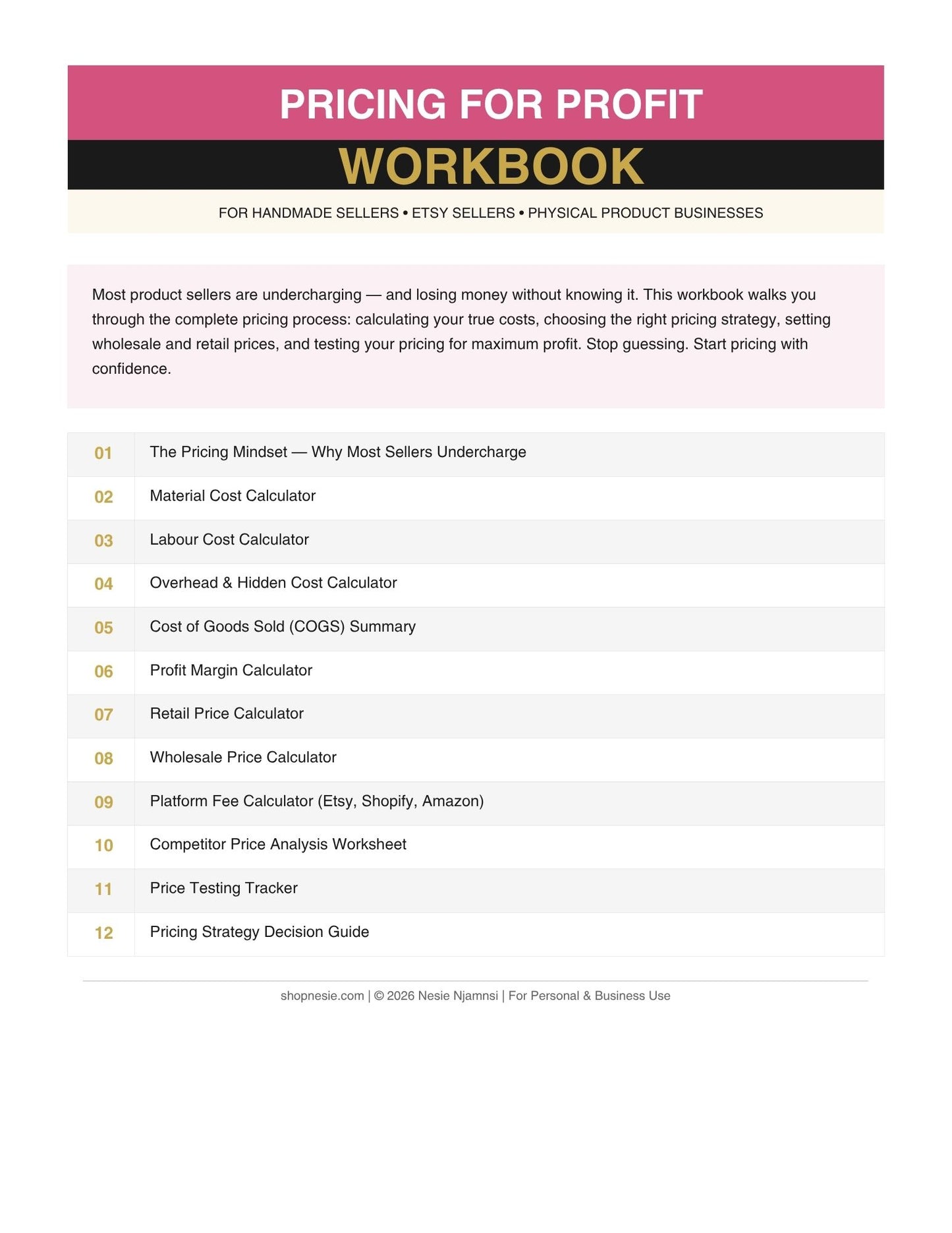 Pricing for Profit Workbook for Handmade & Physical Product Sellers – Printable PDF