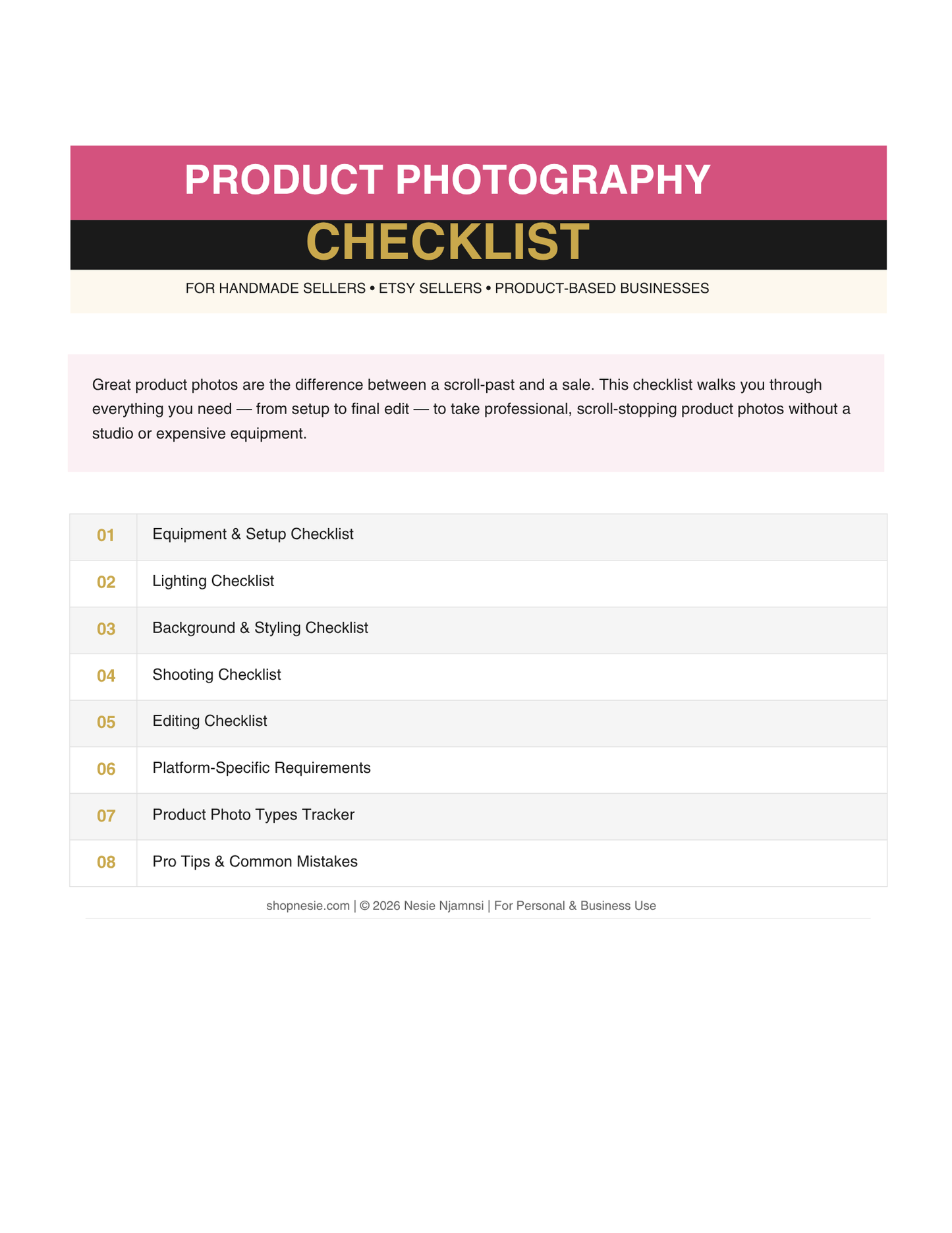 Product Photography Checklist for Handmade & Product-Based Sellers – Printable PDF
