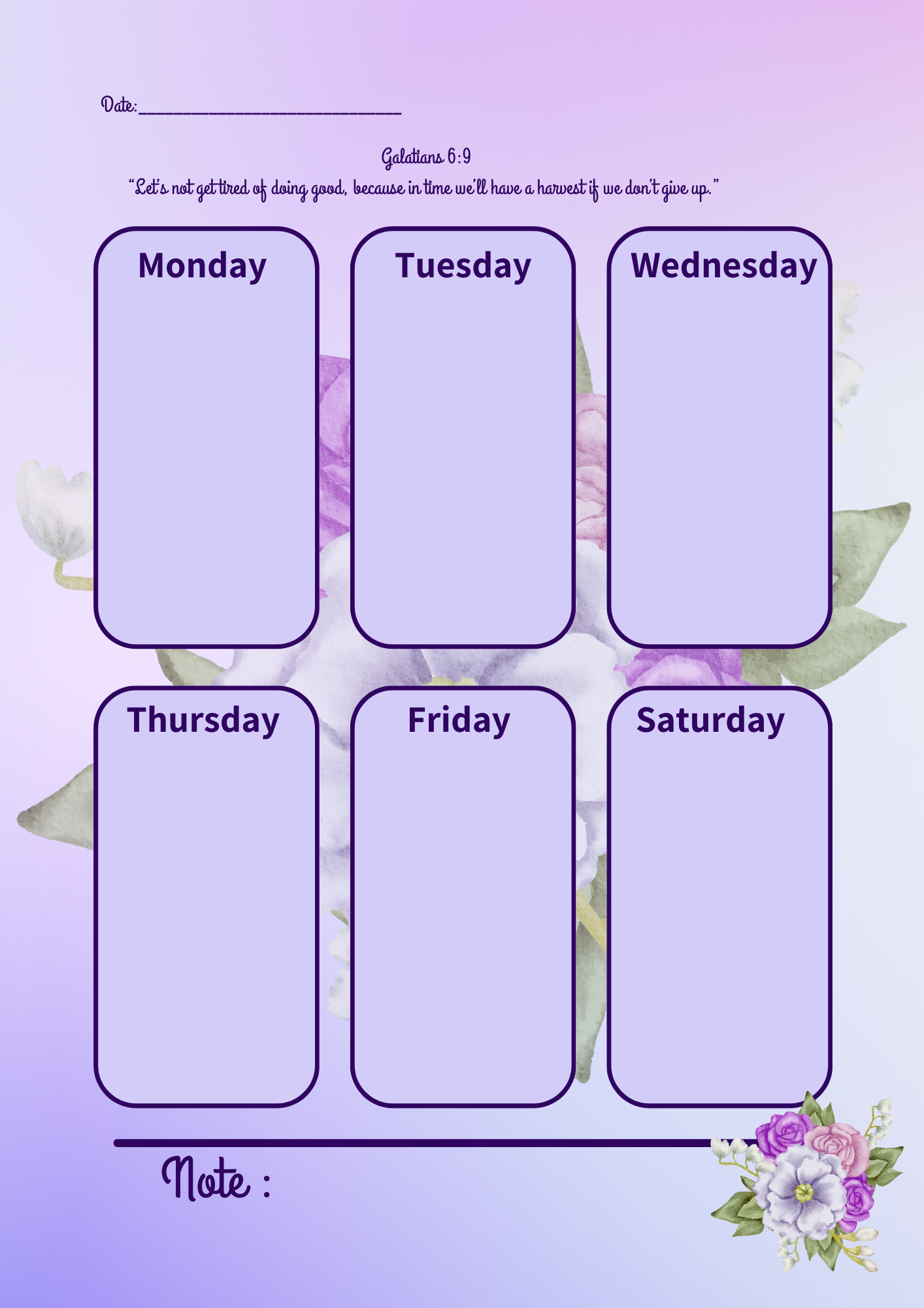 WEEKLY ACTIVITY TIMETABLE WITH SCRIPTURES - PURPLE