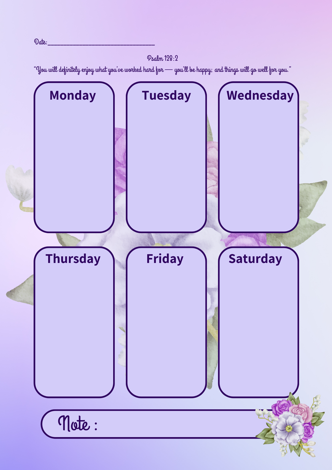 WEEKLY ACTIVITY TIMETABLE WITH SCRIPTURES - PURPLE
