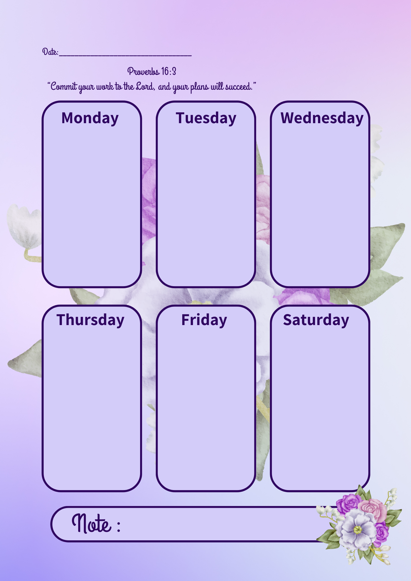 WEEKLY ACTIVITY TIMETABLE WITH SCRIPTURES - PURPLE