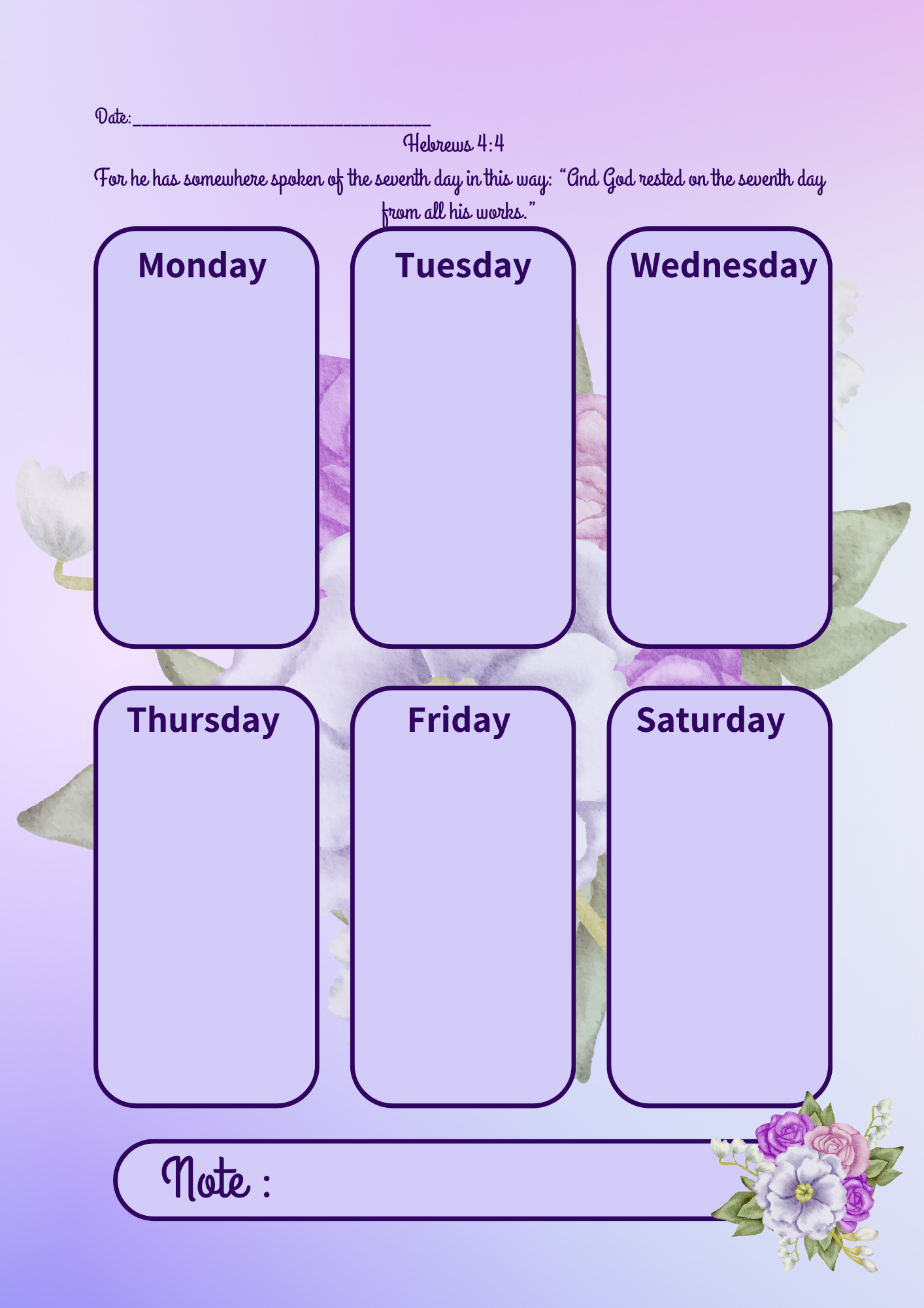 WEEKLY ACTIVITY TIMETABLE WITH SCRIPTURES - PURPLE