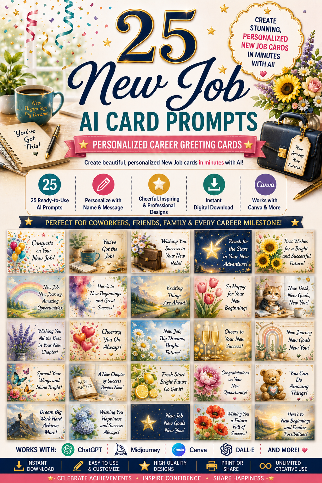 Digital New Job Card Prompts – 25 AI Prompts for Personalized New Job Greeting Cards | Canva, ChatGPT & Midjourney