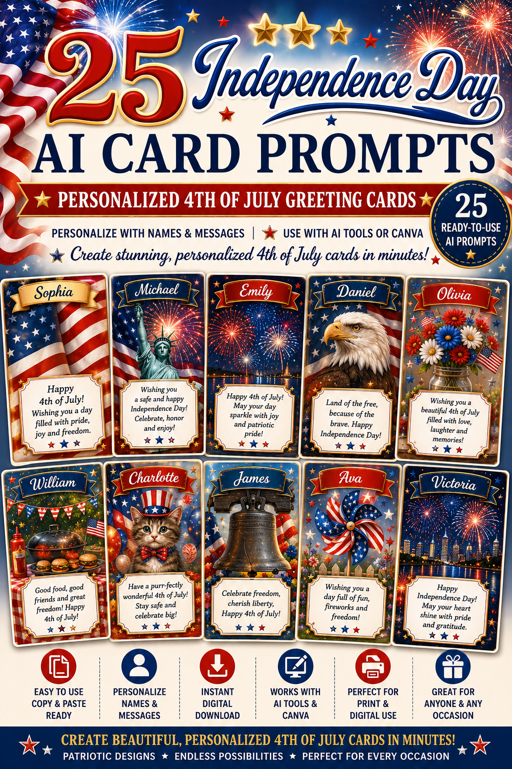 25 Independence Day AI Card Prompts | Personalized 4th of July Greeting Cards | ChatGPT, Midjourney & Canva | Printable Digital Card Templates