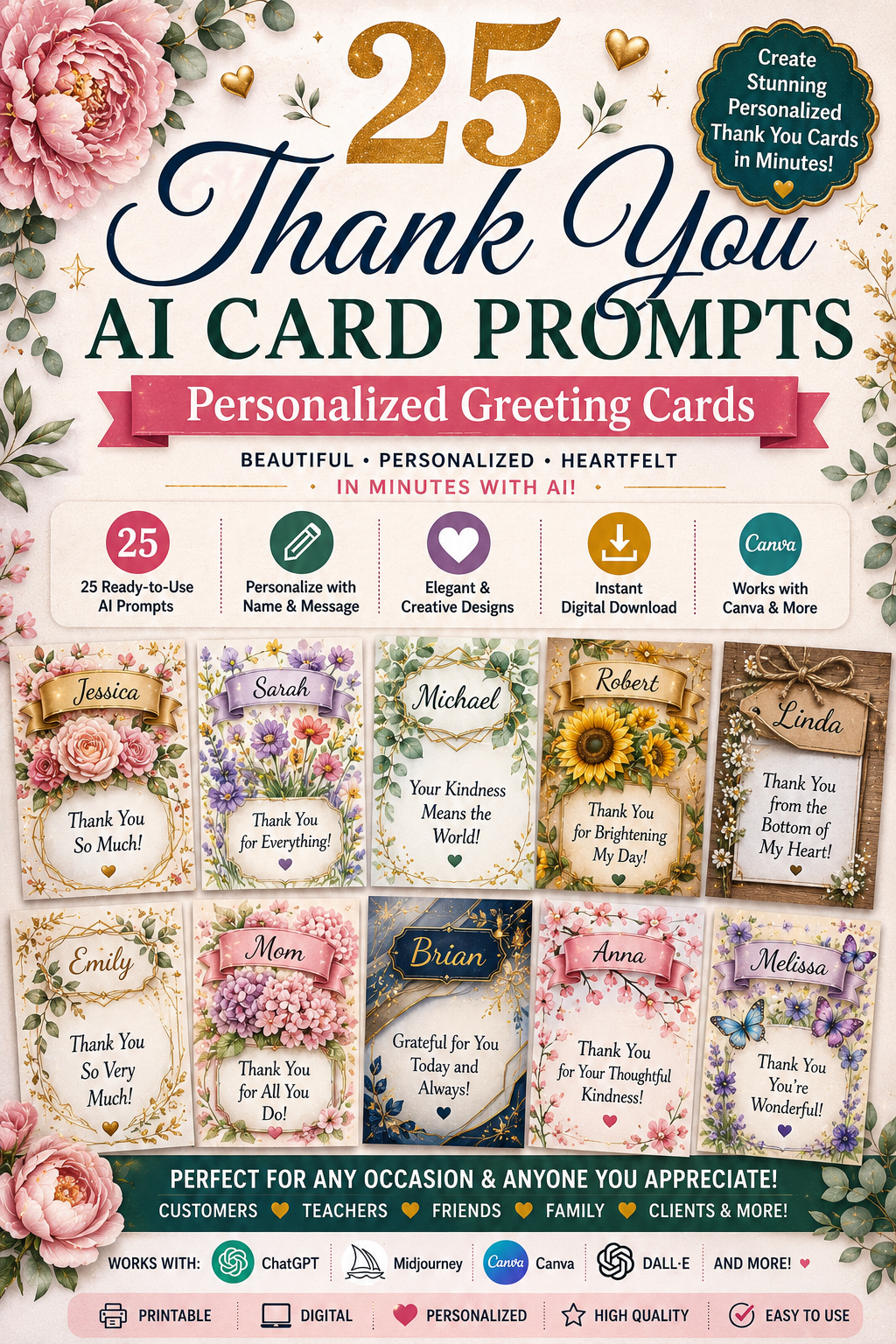 Digital Thank You Card Prompts – 25 AI Prompts for Personalized Thank You Greeting Cards | Canva, ChatGPT & Midjourney