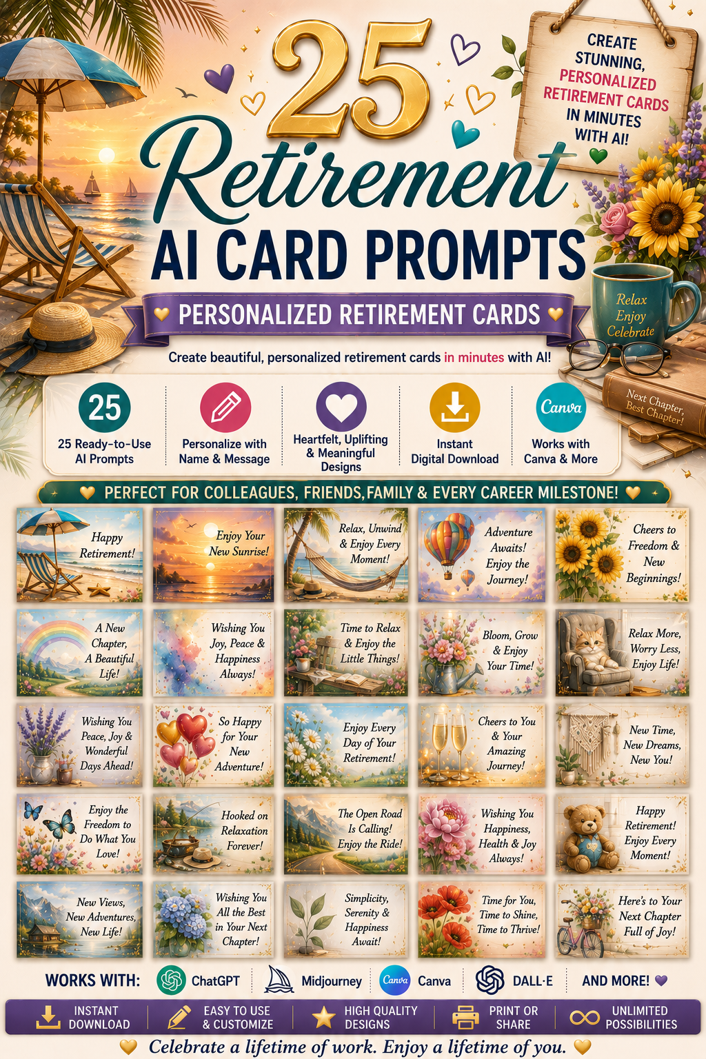 Digital Retirement Card Prompts – 25 AI Prompts for Personalized Retirement Greeting Cards | Canva, ChatGPT & Midjourney