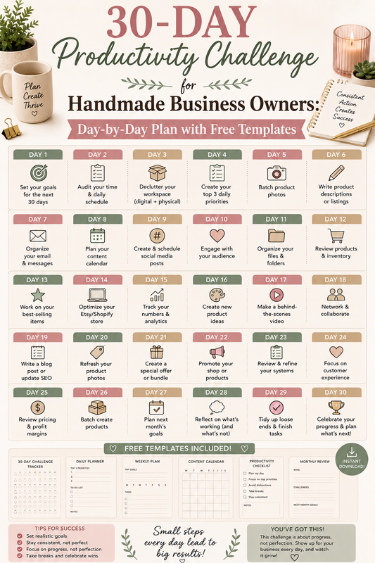 30-Day Productivity Challenge for Handmade Business Owners: Day-by-Day Plan with Free Templates