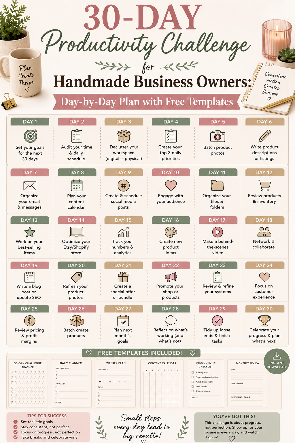 30-Day Productivity Challenge for Handmade Business Owners: Day-by-Day Plan with Free Templates