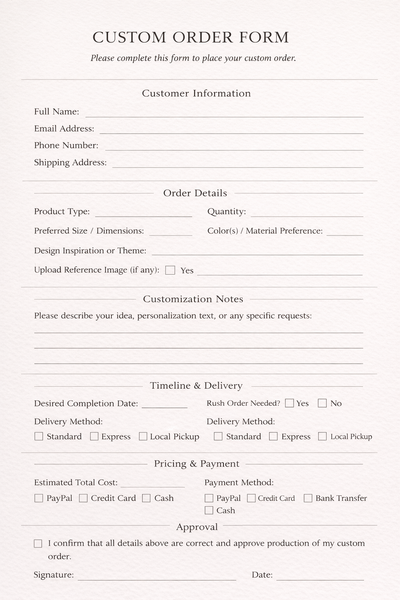 ShopNesie custom order form template