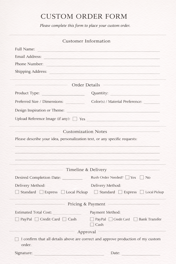 Editable Canva custom order form template