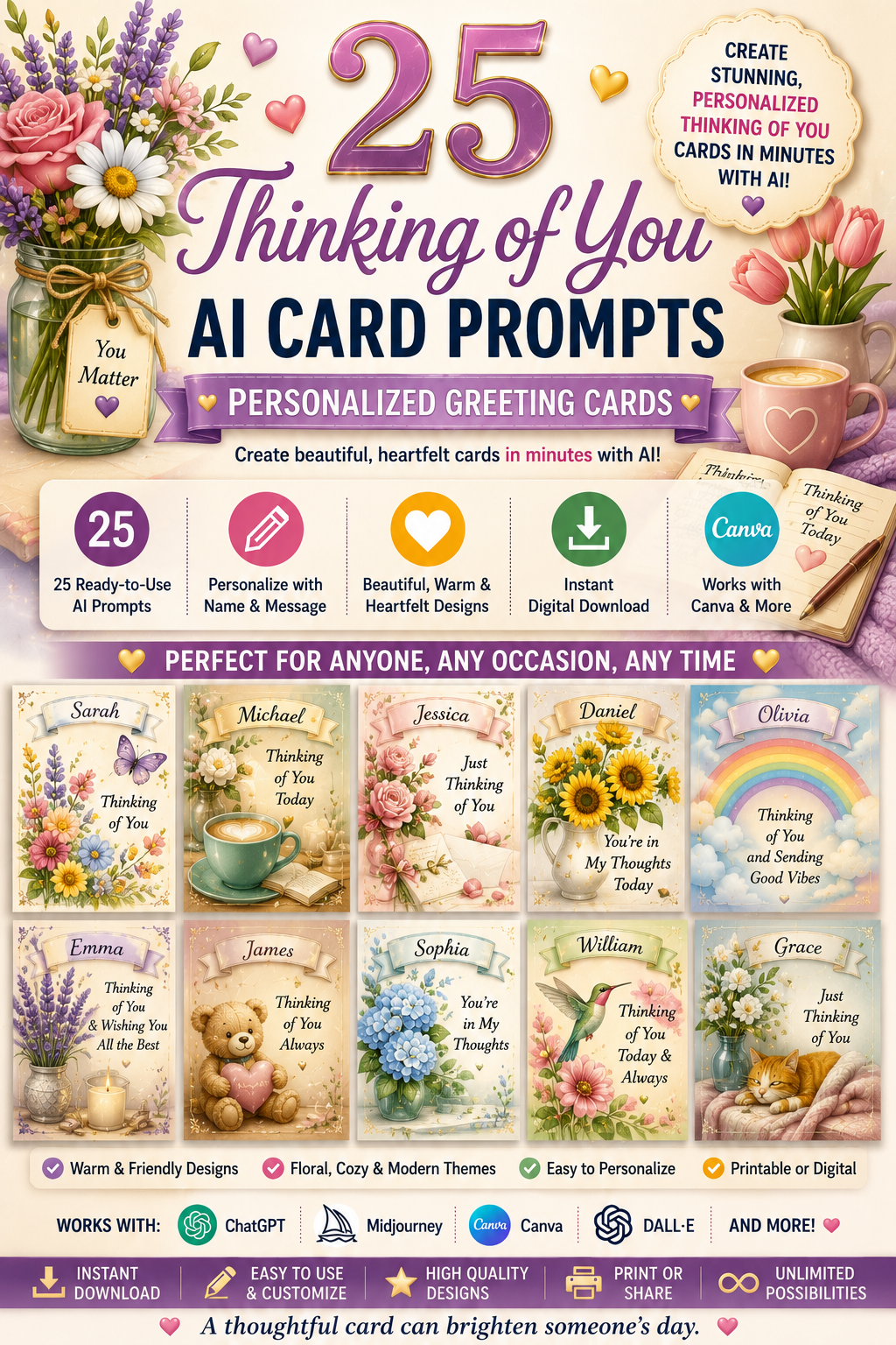 Digital Thinking of You Card Prompts – 25 AI Prompts for Personalized Thinking of You Greeting Cards | Canva, ChatGPT & Midjourney