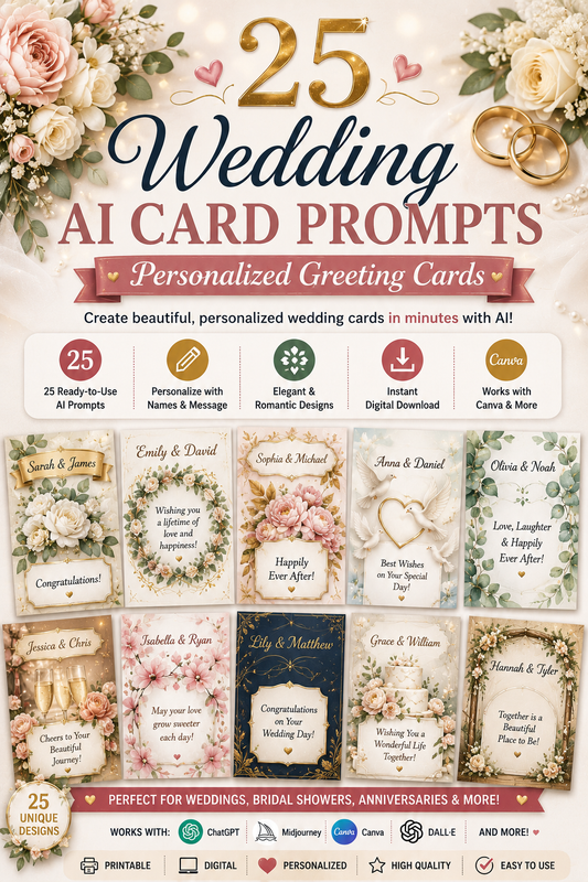 Digital Wedding Card Prompts – 25 AI Prompts for Personalized Wedding Greeting Cards | Canva, ChatGPT & Midjourney