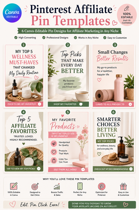 Pinterest Affiliate Pin Templates | 6 Canva-Editable Pin Designs for Affiliate Marketing in Any Niche