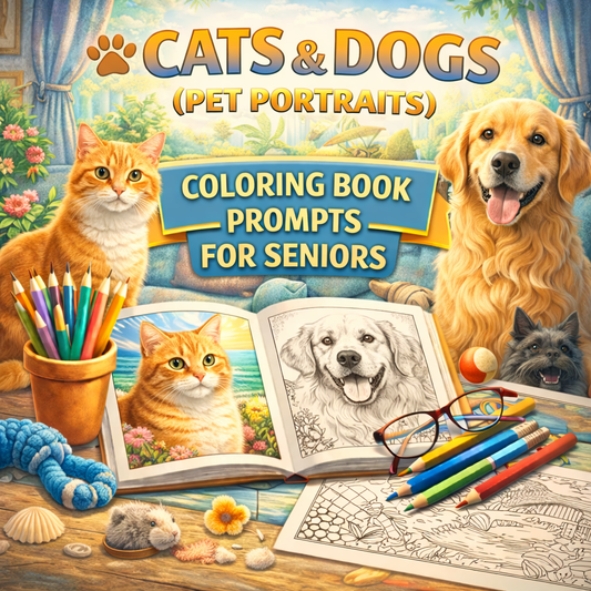 Cats & Dogs (Pet Portraits) Coloring Book Prompts For Seniors