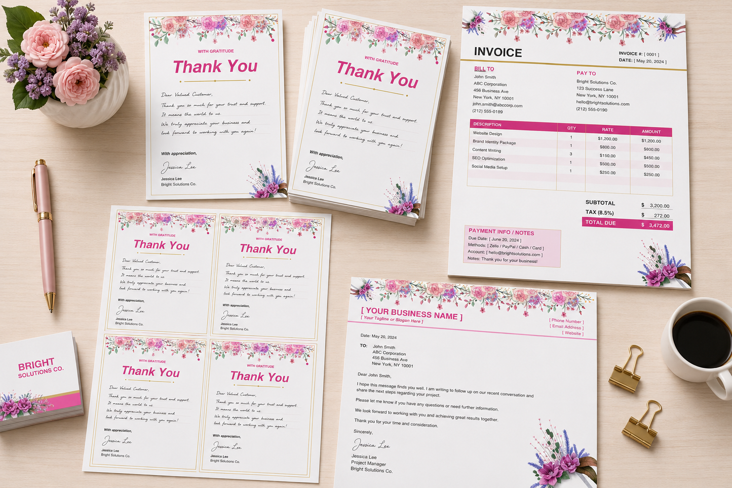 Editable Pink Floral Invoice Template Bundle, Canva Business Letterhead, Thank You Cards & Stationery Set for Small Business, Feminine Invoice Template