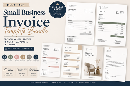 Small Business Invoice Template Bundle | Editable Quote, Receipt, Price List, Catalog & Letterhead – Instant Digital Download