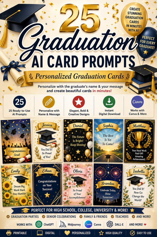 Digital Graduation Card Prompts – 25 AI Prompts for Personalized Graduation Greeting Cards | Canva, ChatGPT & Midjourney