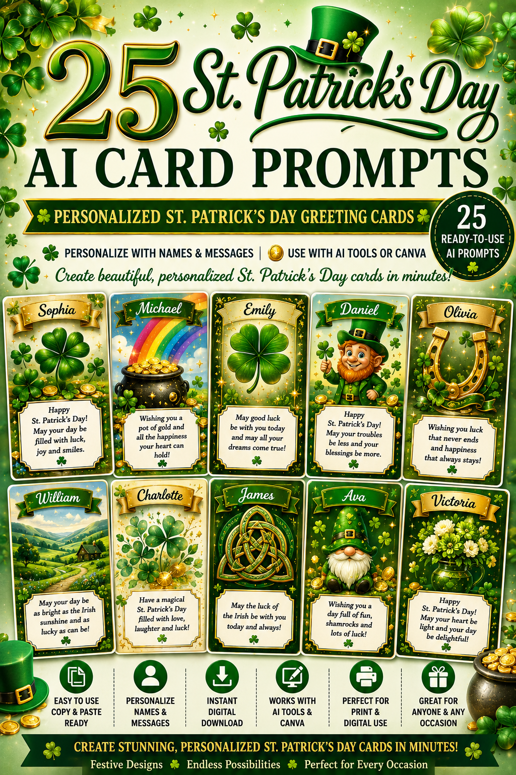 25 St. Patrick's Day AI Card Prompts | Personalized St. Patrick's Day Greeting Cards | ChatGPT, Midjourney & Canva | Printable Digital Card Templates