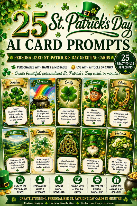 25 St. Patrick's Day AI Card Prompts | Personalized St. Patrick's Day Greeting Cards | ChatGPT, Midjourney & Canva | Printable Digital Card Templates