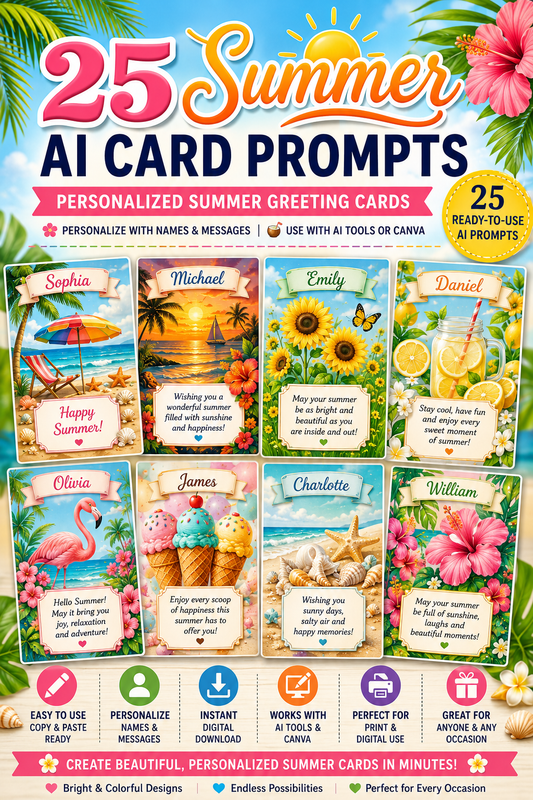 25 Summer AI Card Prompts | Personalized Summer Greeting Cards | ChatGPT, Midjourney & Canva | Printable Digital Card Templates