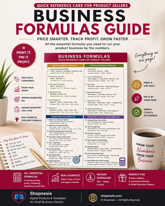 Business Formulas Guide for Product Sellers | Pricing, Profit, ROI & Inventory Calculator Cheat Sheet