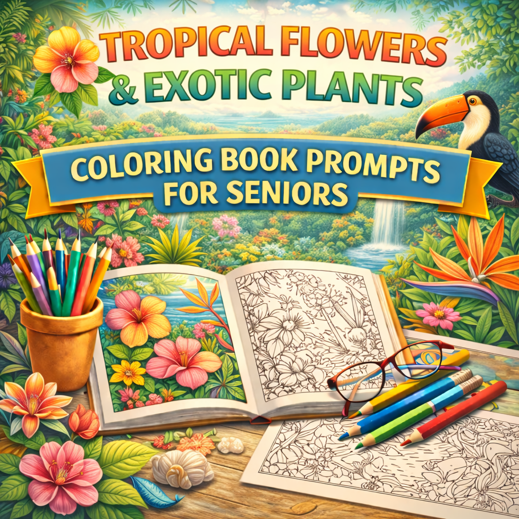 Tropical Flowers & Exotic Plants Coloring Book Prompts For Seniors