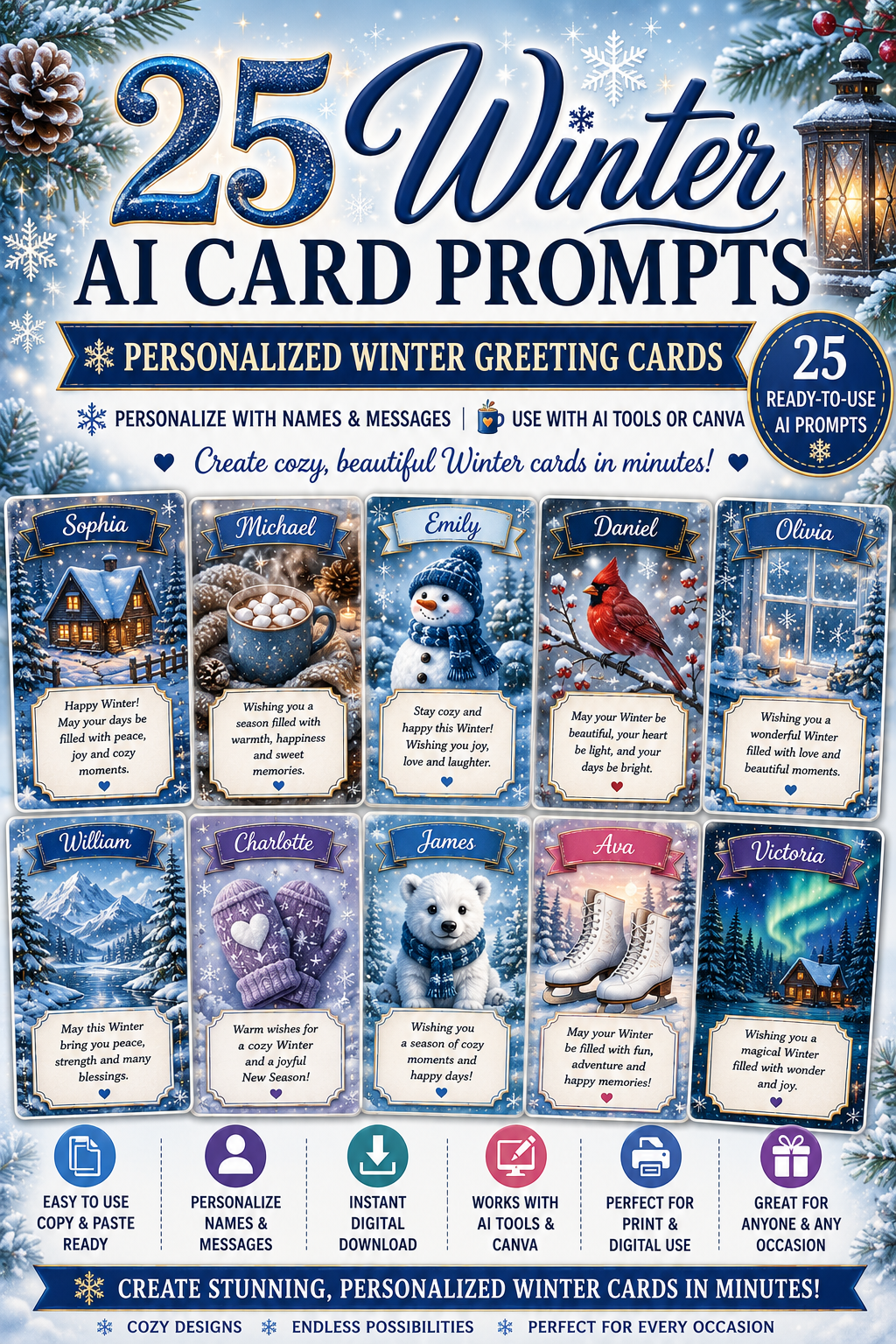 25 Winter AI Card Prompts | Personalized Winter Greeting Cards | ChatGPT, Midjourney & Canva | Printable Digital Card Templates