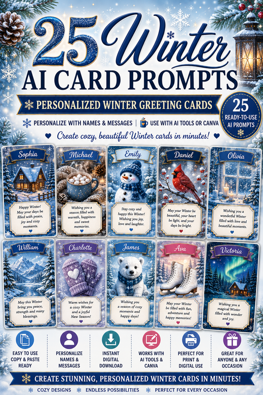25 Winter AI Card Prompts | Personalized Winter Greeting Cards | ChatGPT, Midjourney & Canva | Printable Digital Card Templates