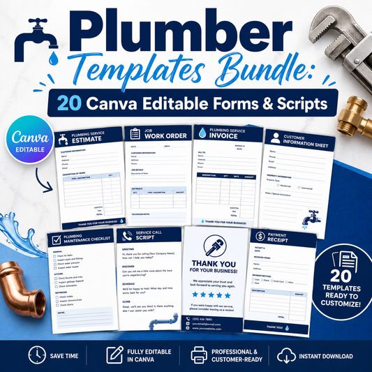 Plumber Templates Bundle: 20 Canva Editable Forms & Scripts