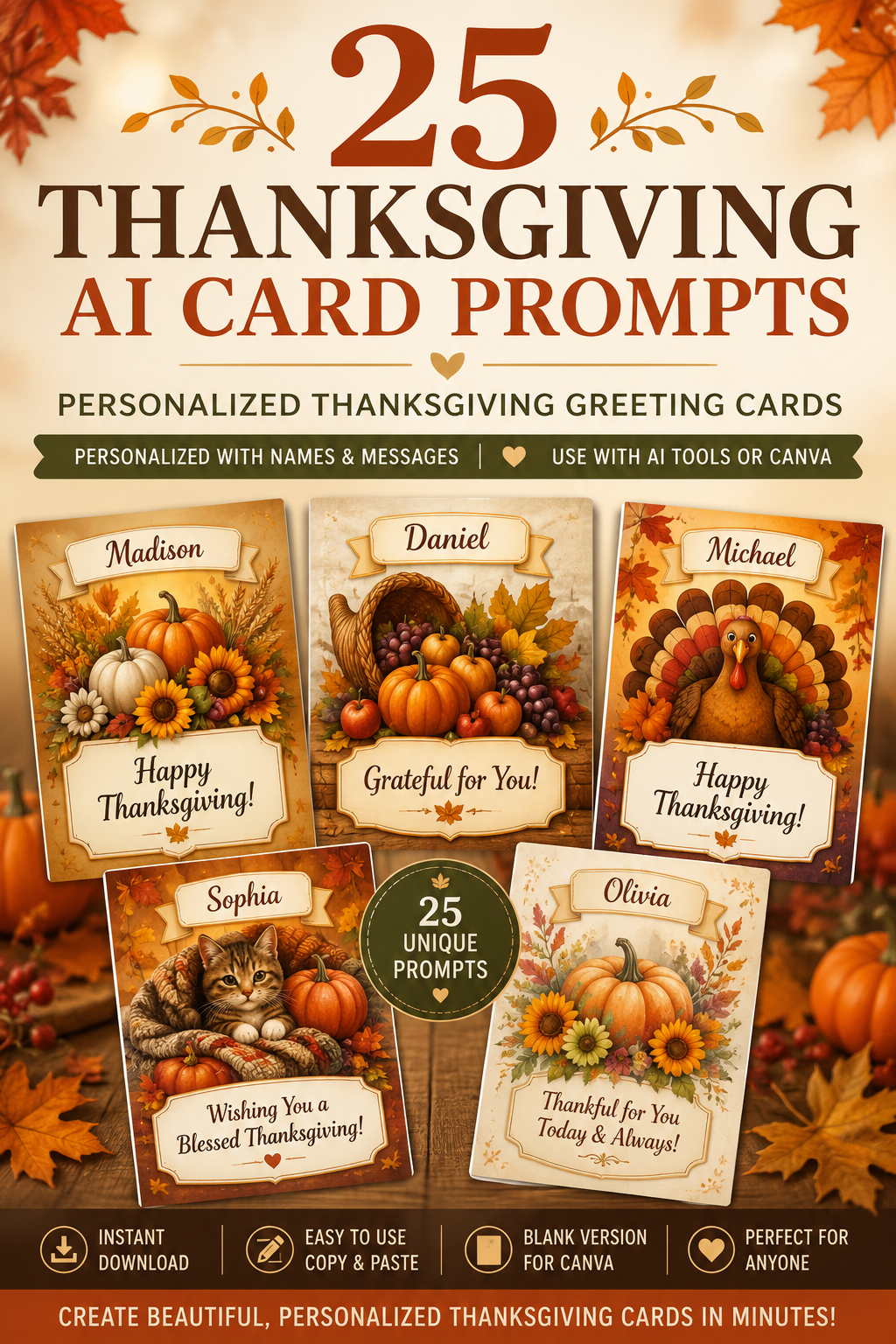 25 Thanksgiving AI Card Prompts | Personalized Thanksgiving Greeting Cards | ChatGPT, Midjourney & Canva | Autumn Holiday Card Templates
