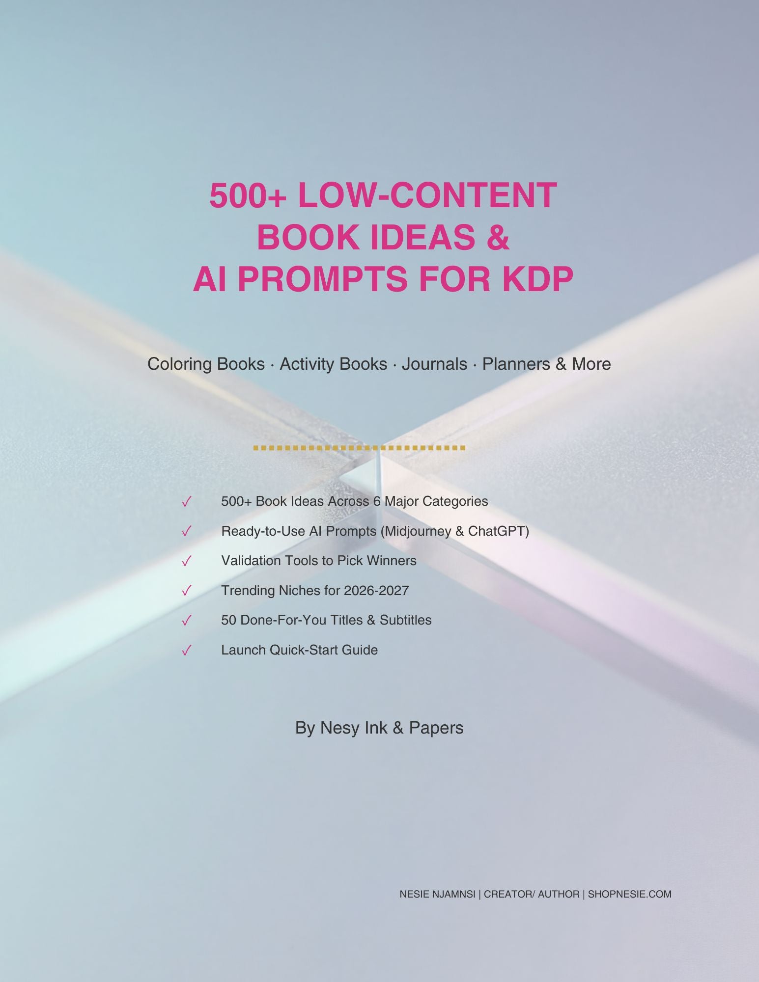 Book cover with text about low-content book ideas and AI prompts for KDP on a light blue background.