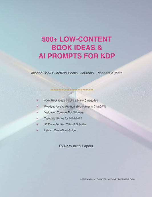 Book cover with text about low-content book ideas and AI prompts for KDP on a light blue background.
