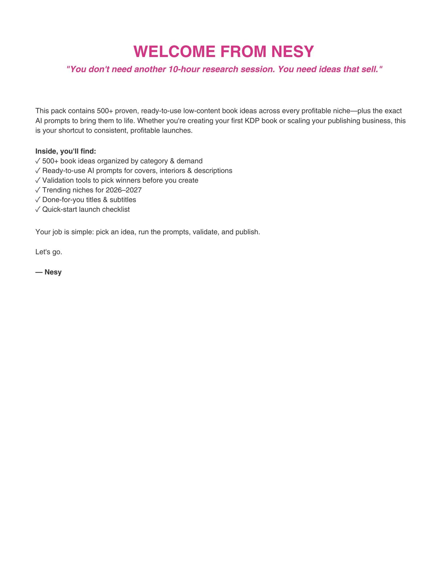 Welcome message from Nesy with text on a white background