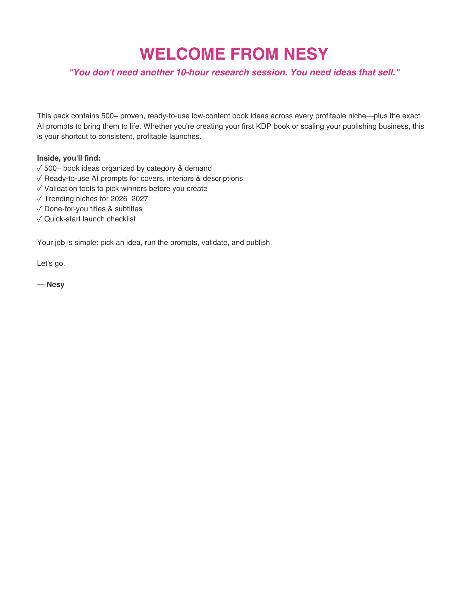 Welcome message from Nesy with text on a white background