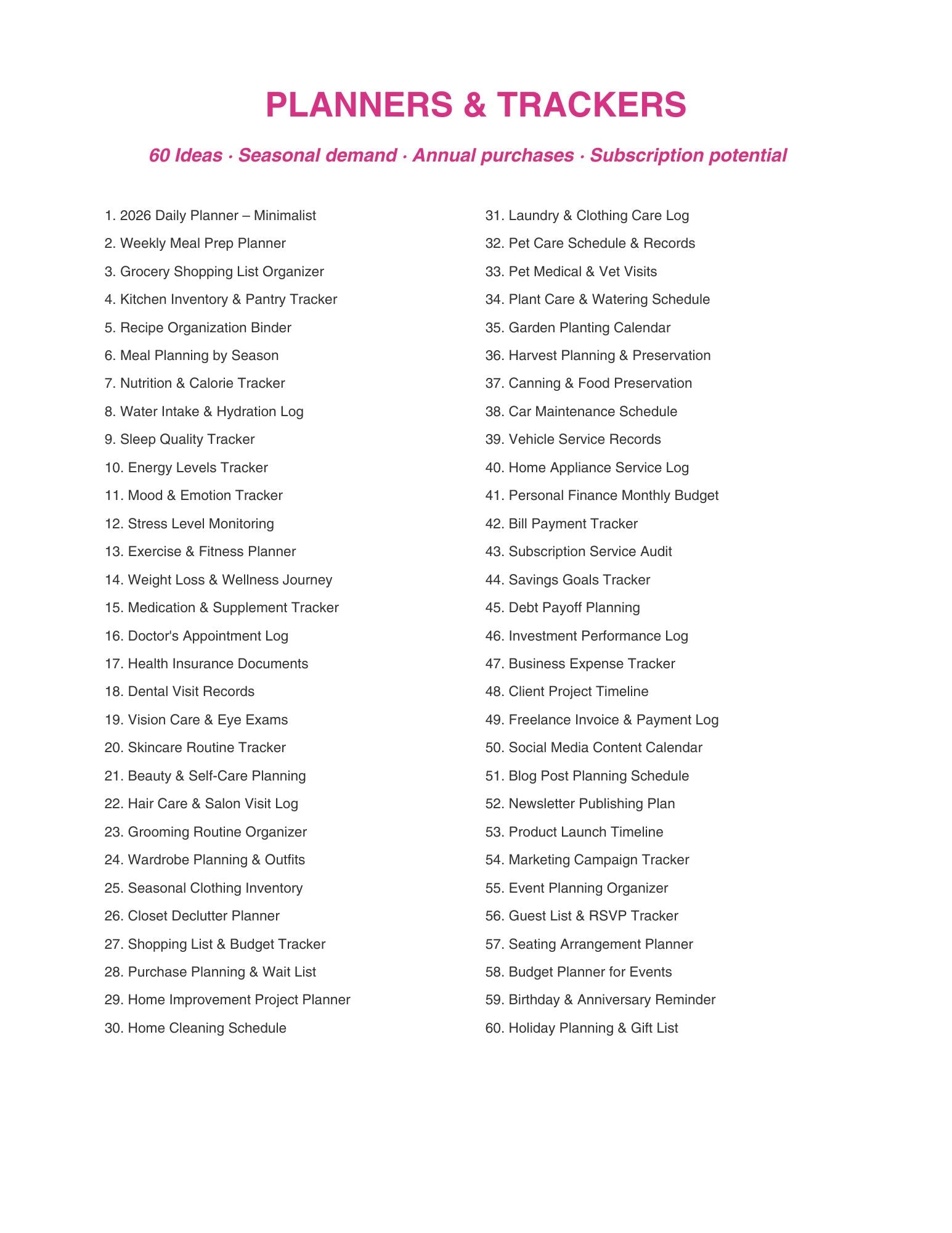 List of planners and trackers with a white background