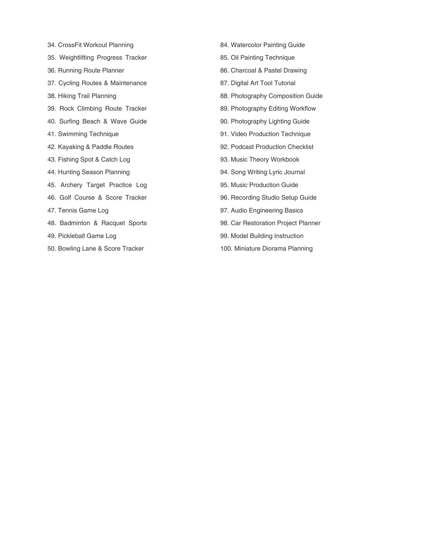 List of topics or categories on a white background