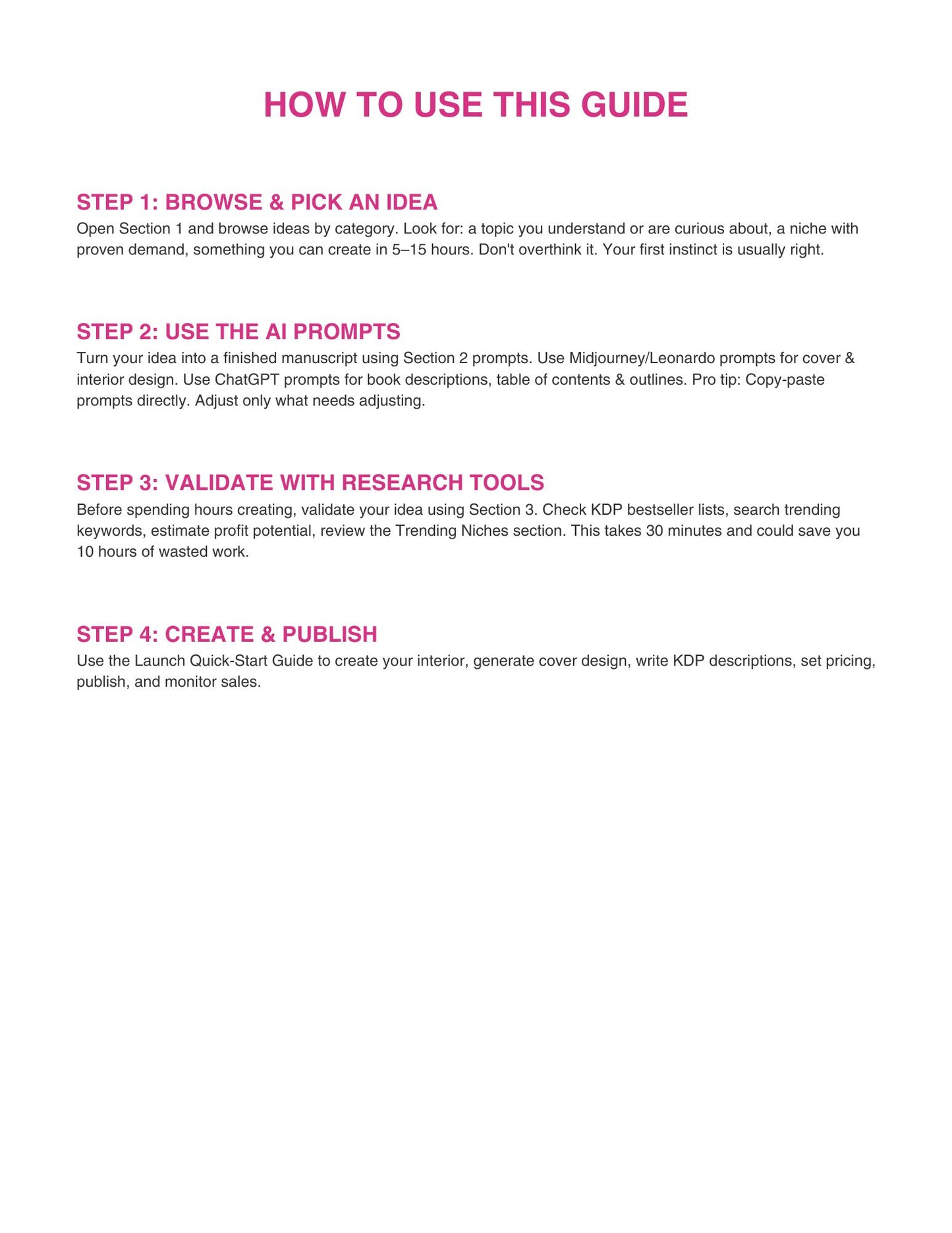 Instructions on how to use a guide for browsing, picking an idea, using prompts, validating with research tools, and creating & publishing.