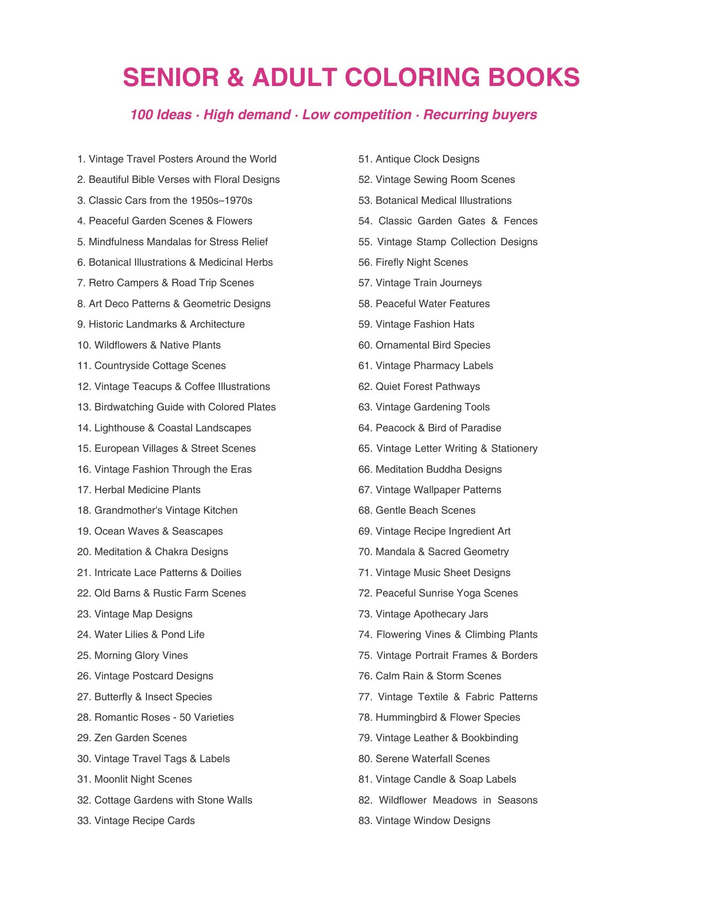 List of senior and adult coloring book ideas with a white background