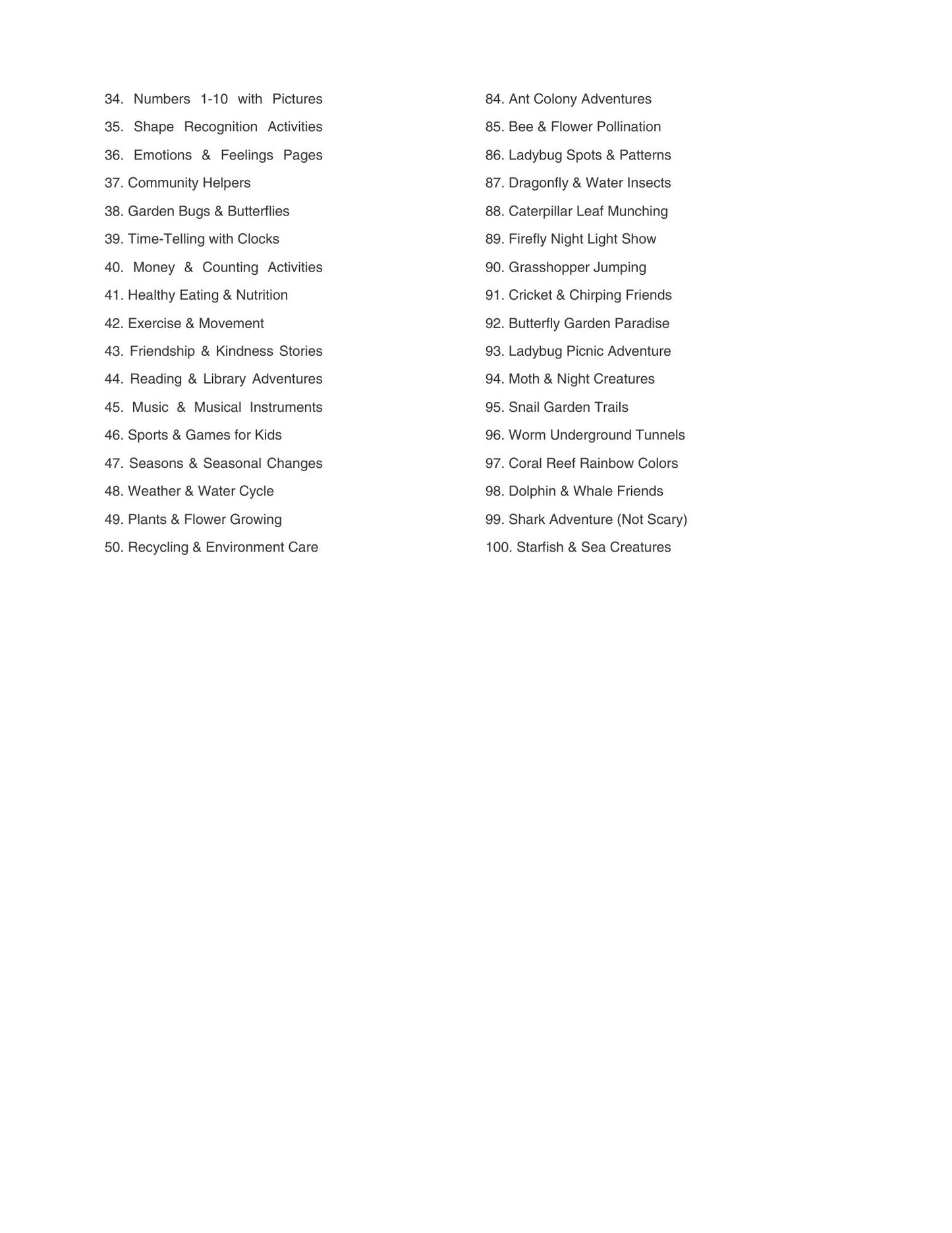List of educational activities and topics on a white background
