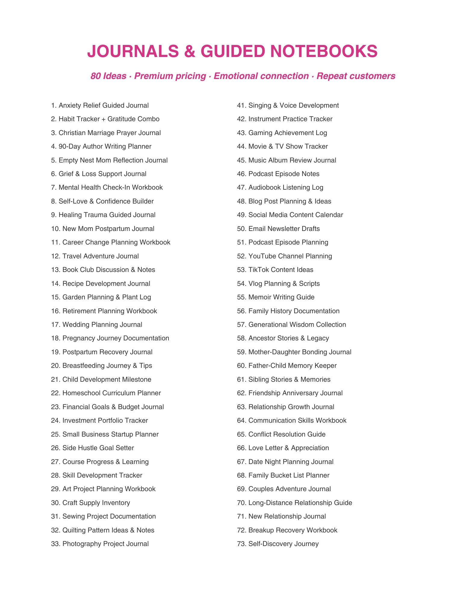 List of journals and guided notebooks with a white background and pink text.