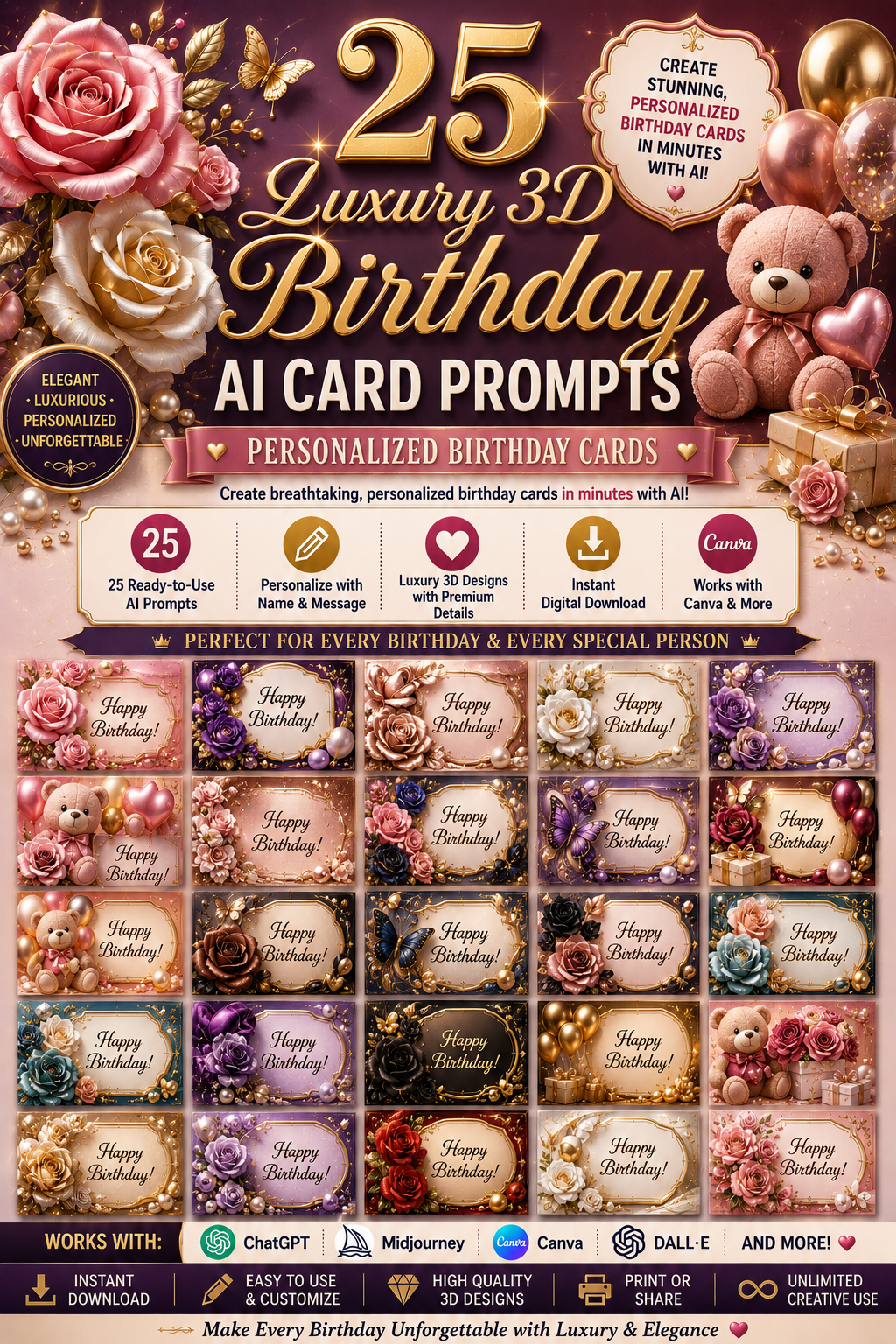 Digital Luxury 3D Birthday Card Prompts – 25 AI Prompts for Personalized Luxury Birthday Greeting Cards | Canva, ChatGPT & Midjourney
