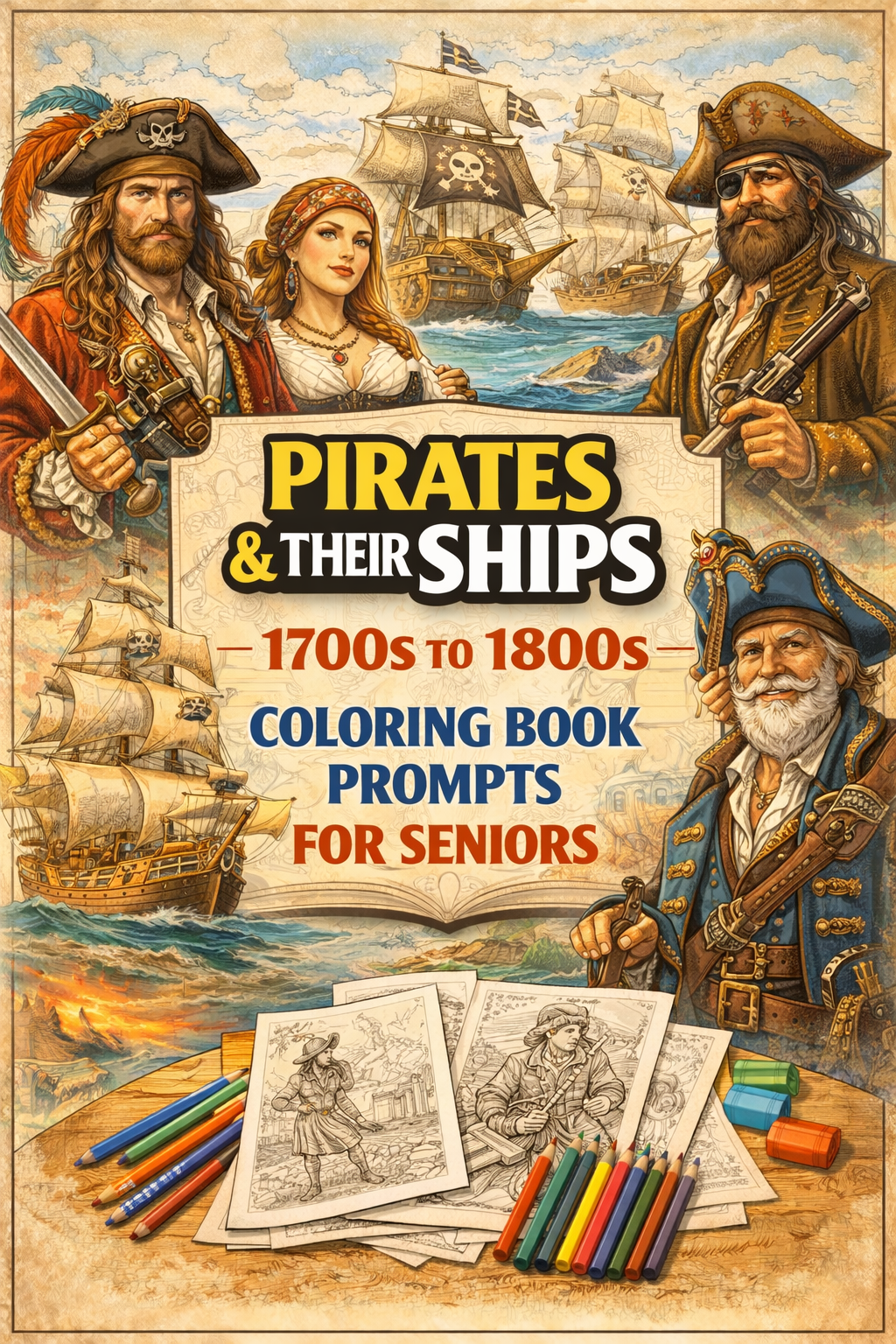 Pirates & Their Ships Coloring Book Prompts For Seniors