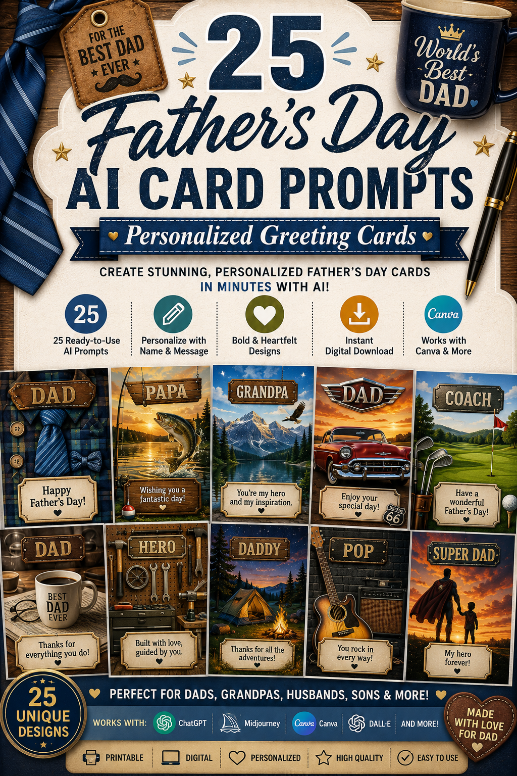 Digital Father's Day Card Prompts – 25 AI Prompts for Personalized Father's Day Greeting Cards | Canva, ChatGPT & Midjourney
