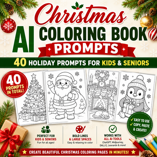 Christmas AI Coloring Book Prompts Bundle | 40 Holiday Coloring Page Prompts for Kids & Seniors | ChatGPT, Midjourney & AI Art