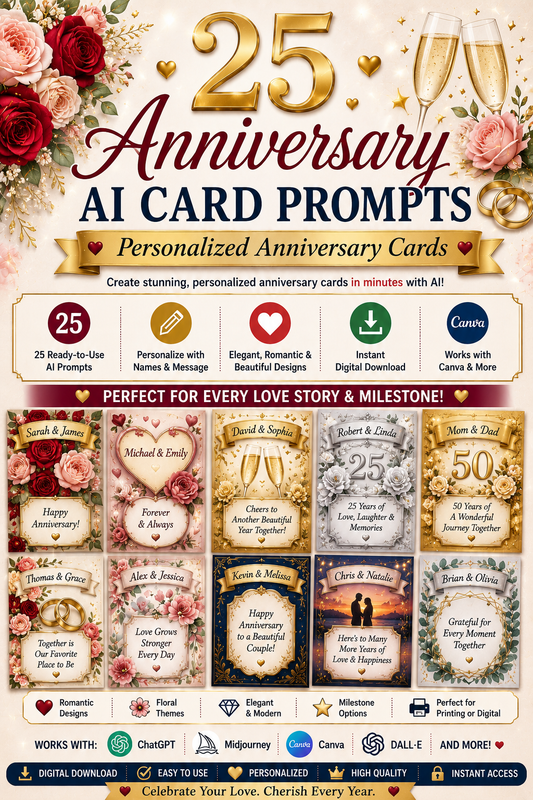 Digital Anniversary Card Prompts – 25 AI Prompts for Personalized Anniversary Greeting Cards | Canva, ChatGPT & Midjourney