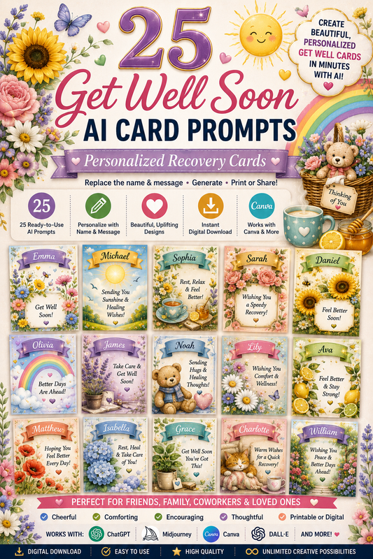 Digital Get Well Soon Card Prompts – 25 AI Prompts for Personalized Get Well Greeting Cards | Canva, ChatGPT & Midjourney