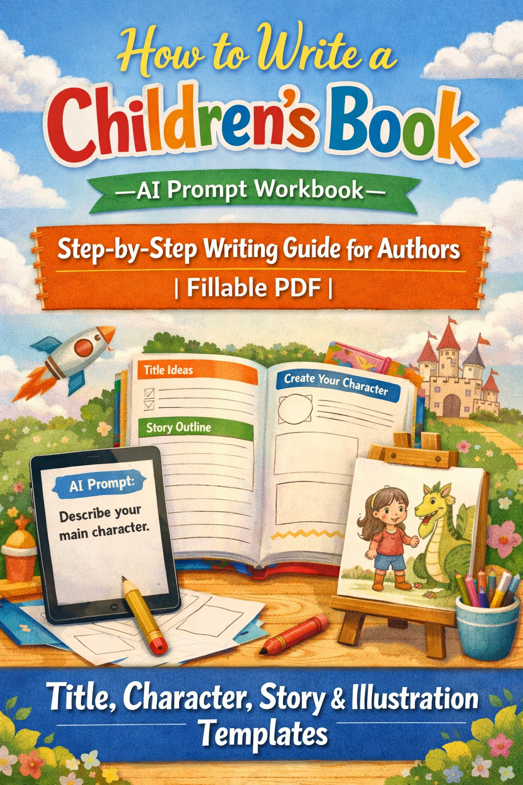 How to Write a Children's Book — AI Prompt Workbook | Step-by-Step Writing Guide for Authors | Fillable PDF | Title, Character, Story & Illustration Templates